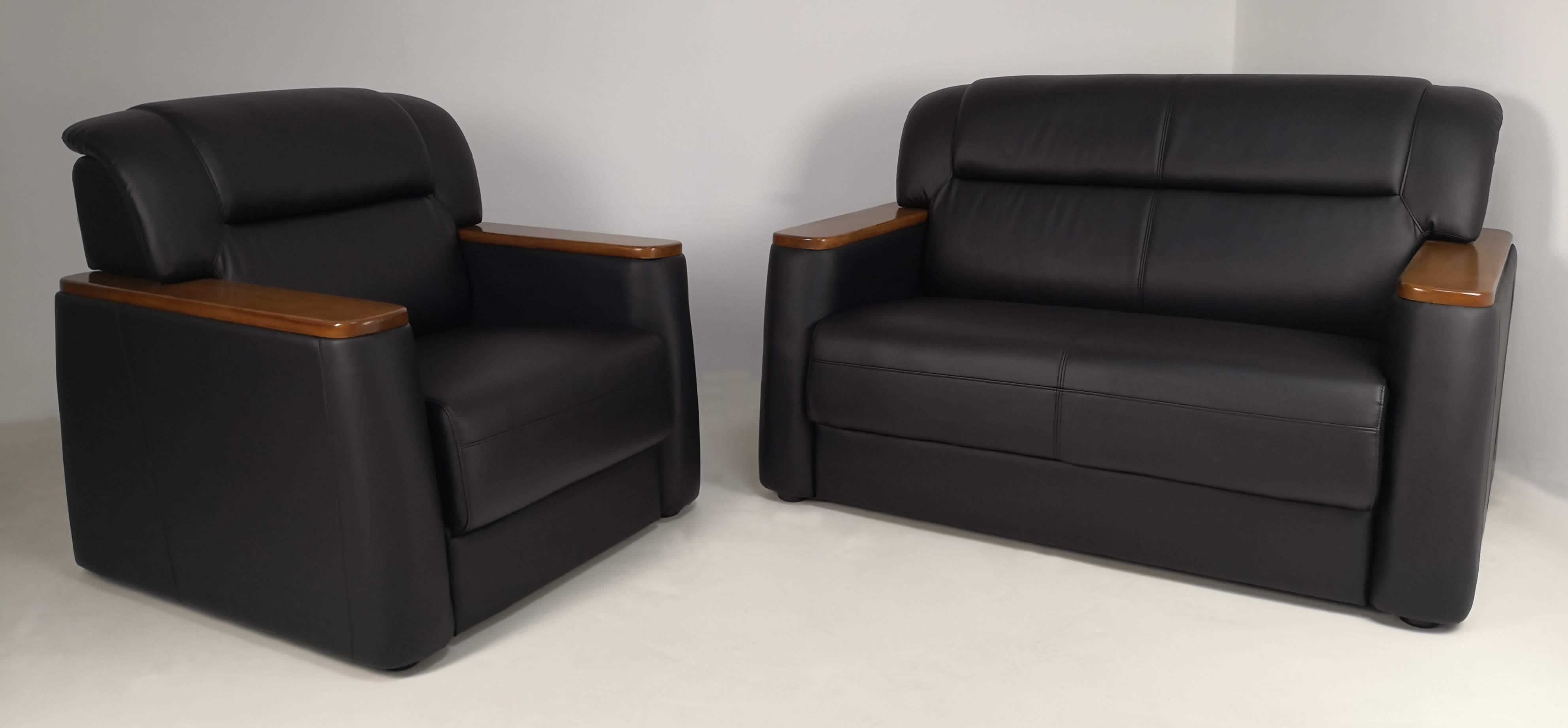 Black Office Sofa with Walnut Arms - Single, Twin or Triple - F-110
